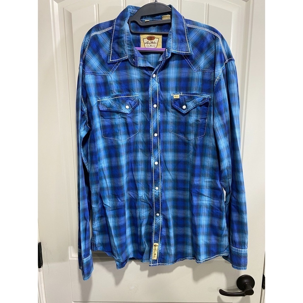 Larry Mahan Shirt Mens 2XL Blue Western Plaid Cowboy Collection Pearl Snap